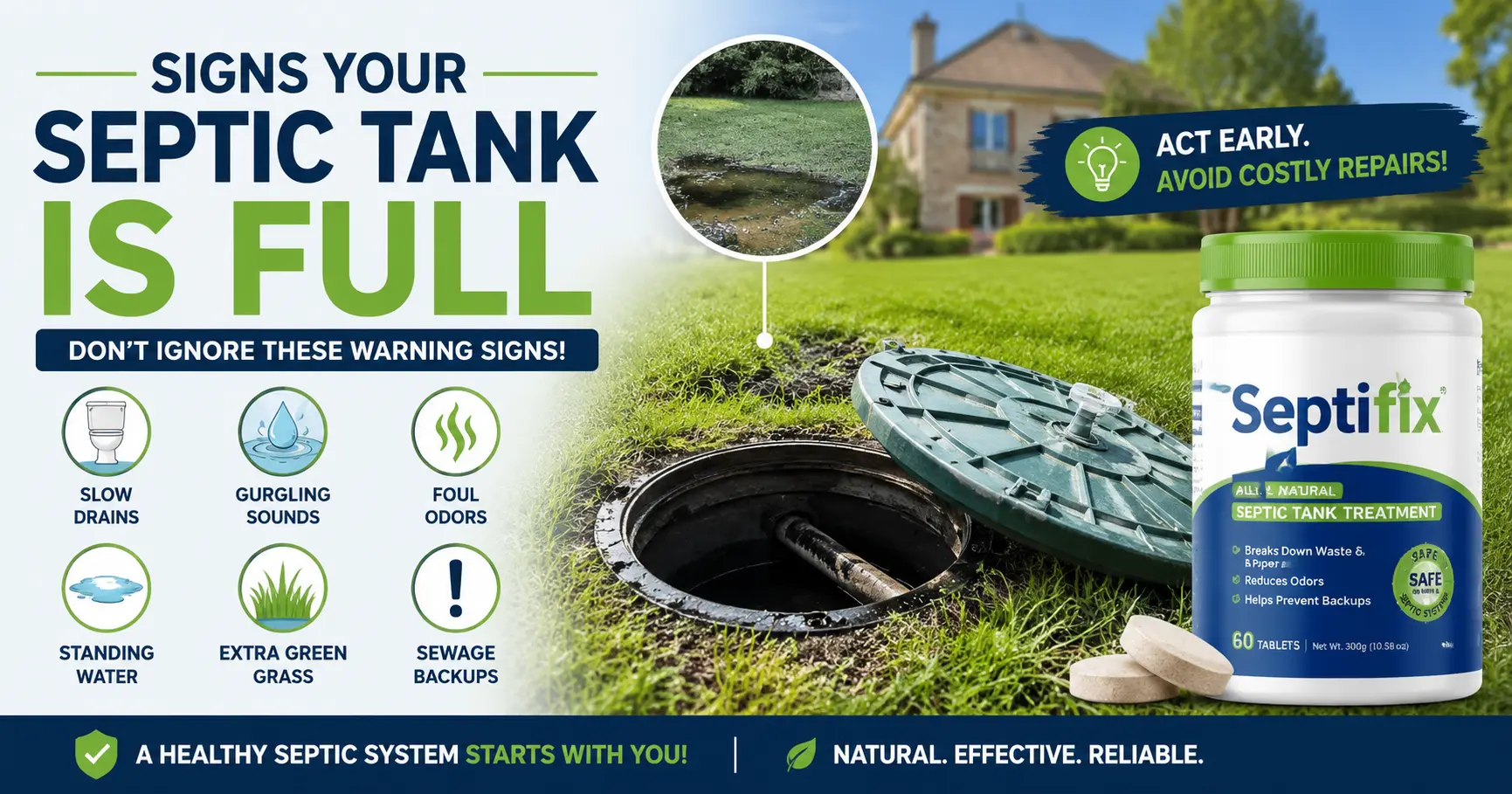 Signs your septic tank is full: slow drains, gurgling sounds, foul odors, standing water, extra green grass, and sewage backups